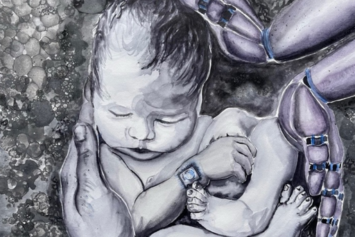 Human baby craddeled by huand and robot hands